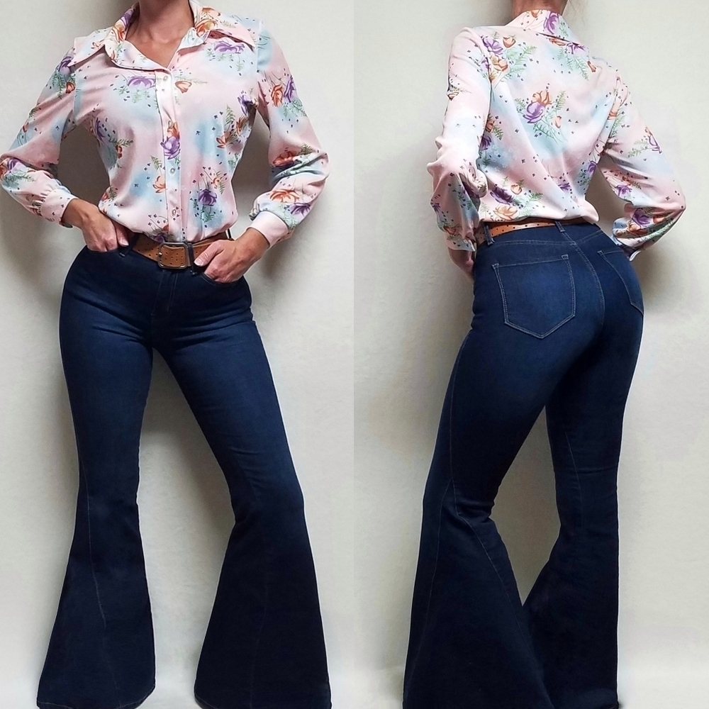 Groovy 70s Vintage NPC Fashions Peach Floral Print Dagger Collar Disco Shirt M